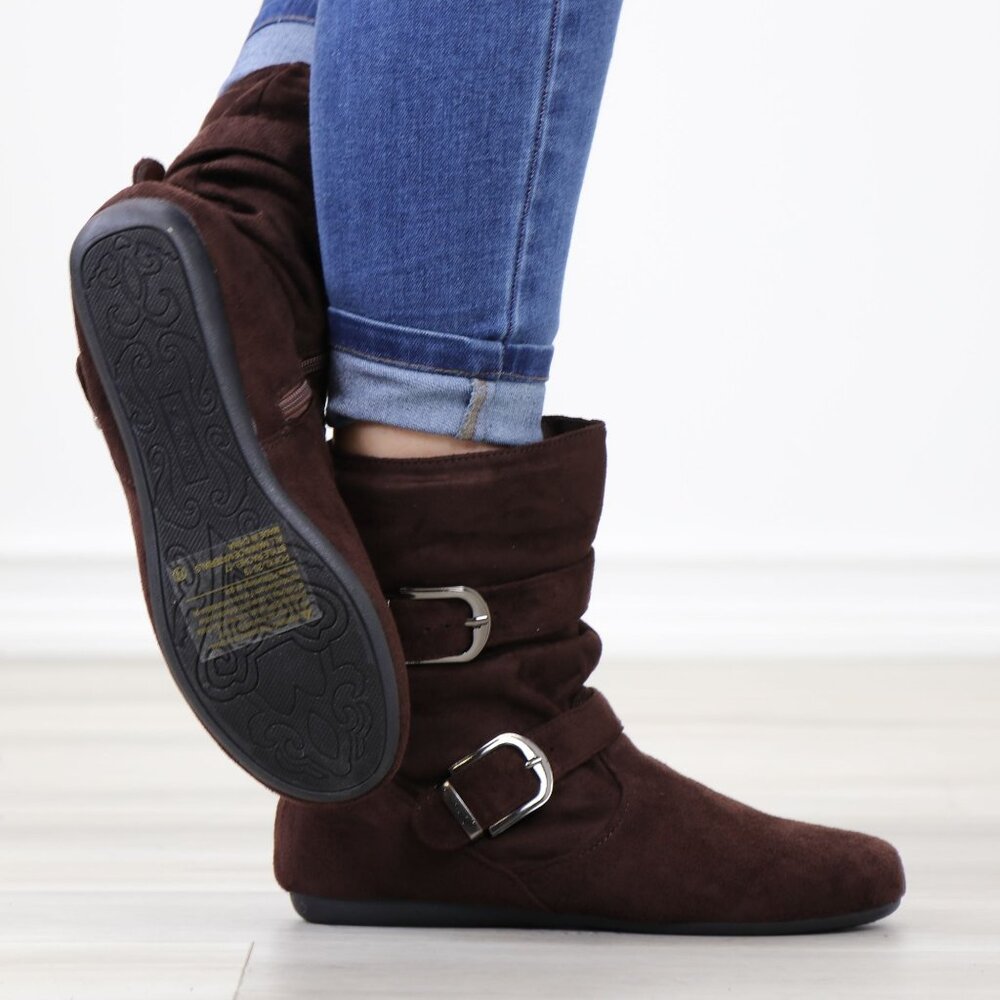Brown Suede Buckle Boots  Flat Sole Slouchy Fit Everyday Fall Style - Picture 5 of 14